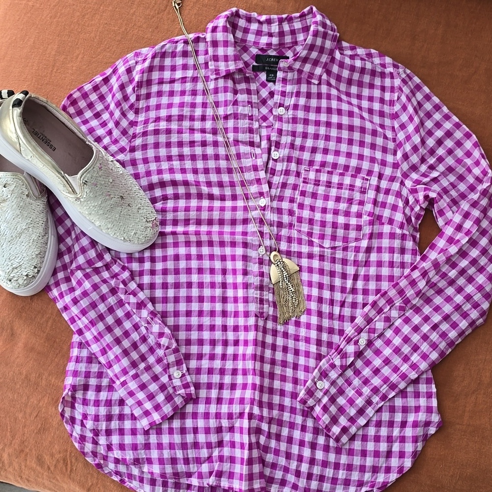 J. Crew Gingham Pullover 1/2 Button Up Shirt